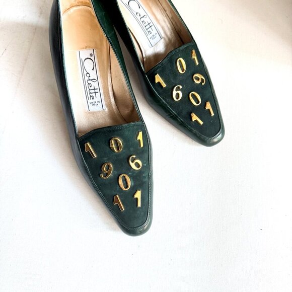 Vintage Colette Dark Forest Green Numbers Detail Kitten Heel Suede Heels 35.5 - Picture 4 of 10